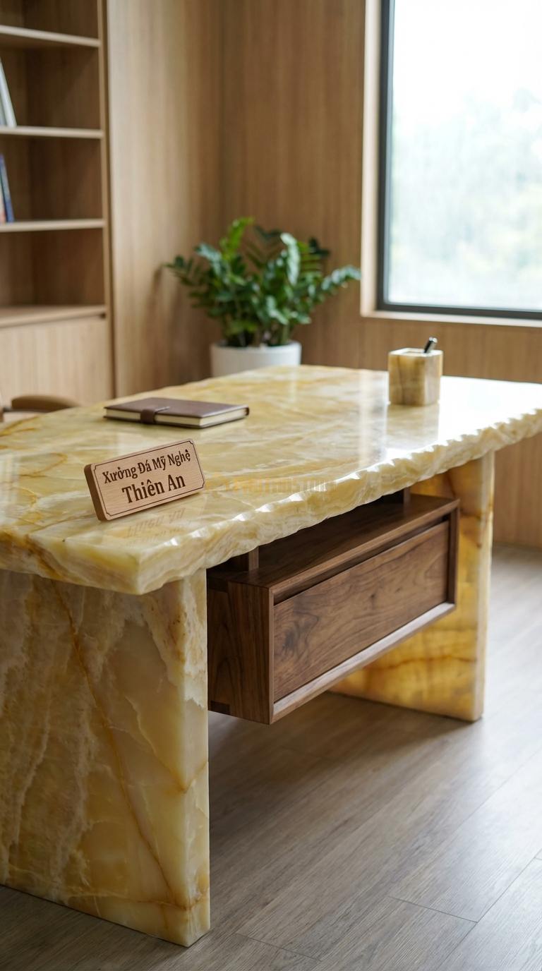 Bàn Làm Việc & Bàn Giám Đốc Bằng Đá Ngọc hoàng long Sáng Tạo: Mặt đá kết hợp hộc ngăn kéo gỗ treo lửng 150cm x 75cm x 75cm