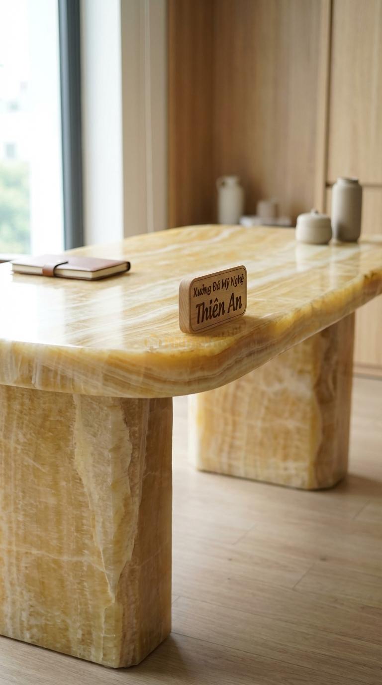 Bàn Làm Việc & Bàn Giám Đốc Bằng Đá Ngọc hoàng long Tĩnh Lặng: Bàn làm việc tối giản, mặt đá đen nhám chân gỗ 140cm x 70cm x 75cm