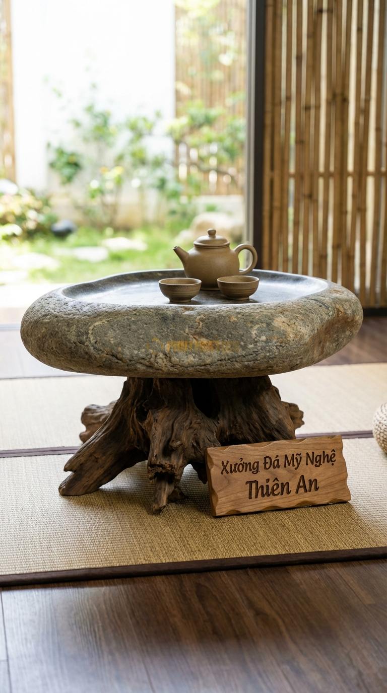 Bàn Trà Đá Nguyên Khối & Gỗ Lũa Đá Cuội Đảo Tĩnh Lặng: Mặt đá hình dáng tự nhiên đặt trên gốc gỗ lũa cổ thụ 120cm x 80cm x 35cm