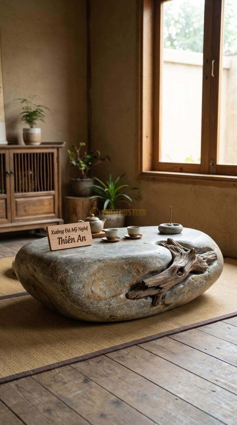 Bàn Trà Đá Nguyên Khối & Gỗ Lũa Đá Cuội Suối Nguồn: Khối đá có rãnh tự nhiên kết hợp gỗ lồng ghép kiểu âm dương 110cm x 70cm x 32cm