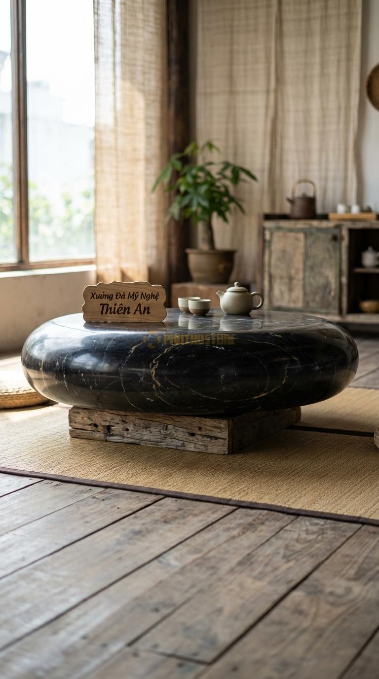 Bàn Trà Đá Nguyên Khối & Gỗ Lũa Đá Đen Chỉ Nâu Đá Cuội Trắng: Tạo hình bàn như viên đá cuội lớn với đế gỗ chìm Đường kính 90cm x 30cm