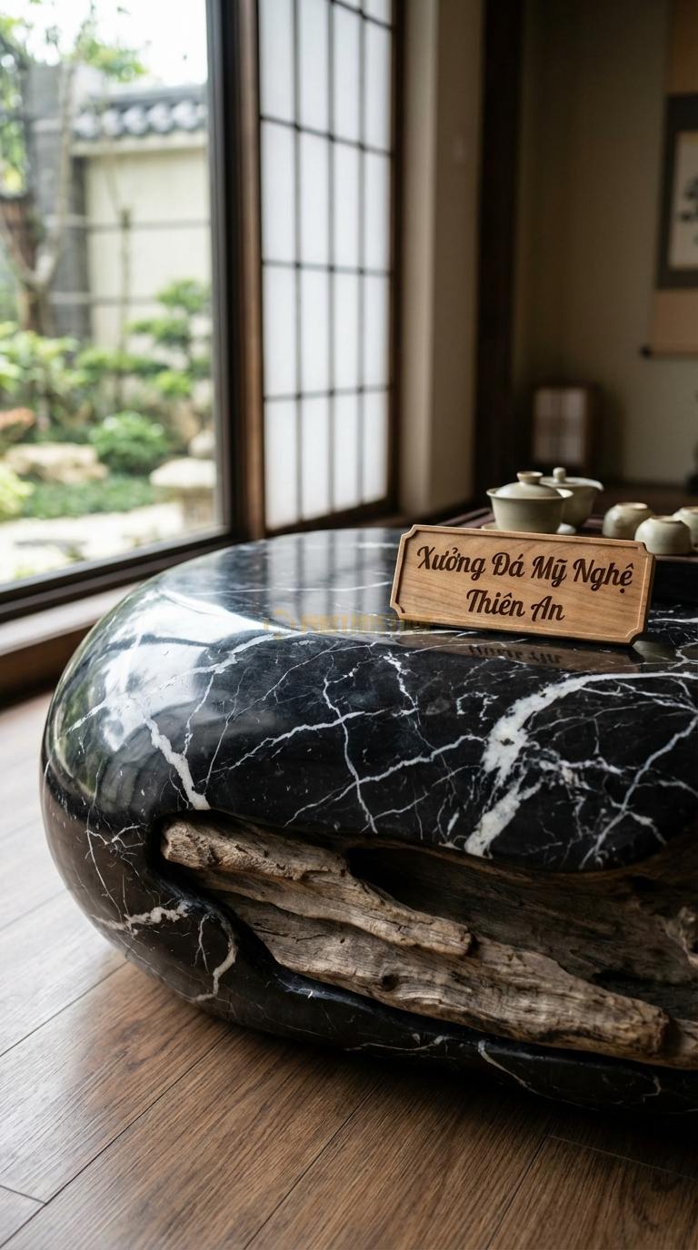 Bàn Trà Đá Nguyên Khối & Gỗ Lũa Đá Đen Tia Chớp Đá Cuội Trắng: Tạo hình bàn như viên đá cuội lớn với đế gỗ chìm Đường kính 90cm x 30cm