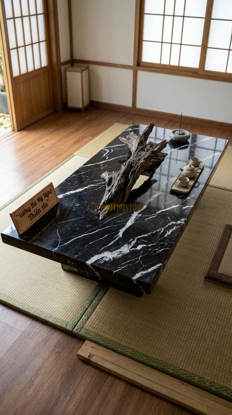 Bàn Trà Đá Nguyên Khối & Gỗ Lũa Đá Đen Tia Chớp Vết Thời Gian: Gỗ lũa xuyên qua khối đá đục lỗ giữa tâm 130cm x 75cm x 40cm