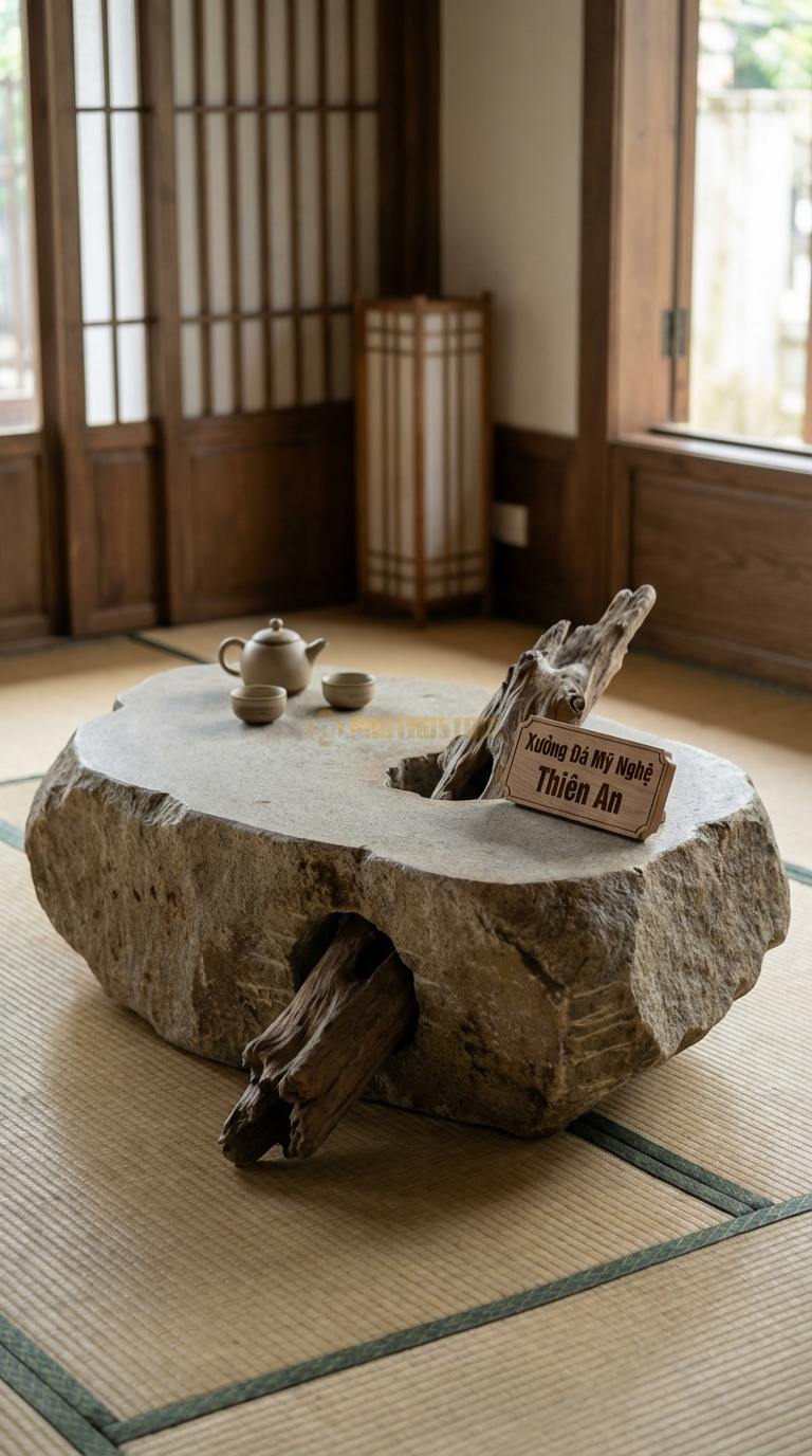 Bàn Trà Đá Nguyên Khối & Gỗ Lũa Đá Granite Vết Thời Gian: Gỗ lũa xuyên qua khối đá đục lỗ giữa tâm 130cm x 75cm x 40cm