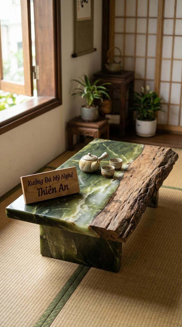 Bàn Trà Đá Nguyên Khối & Gỗ Lũa Đá Serpentine Giao Thoa: Một nửa mặt bàn là đá thô, một nửa là gỗ giữ vỏ cây 120cm x 65cm x 33cm