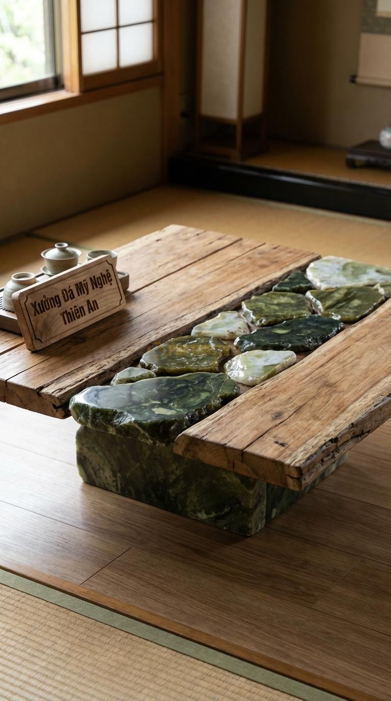 Bàn Trà Đá Nguyên Khối & Gỗ Lũa Đá Serpentine Hóa Thạch: Mặt gỗ bìa tự nhiên khảm các mảnh đá thô không mài cạnh 100cm x 100cm x 30cm