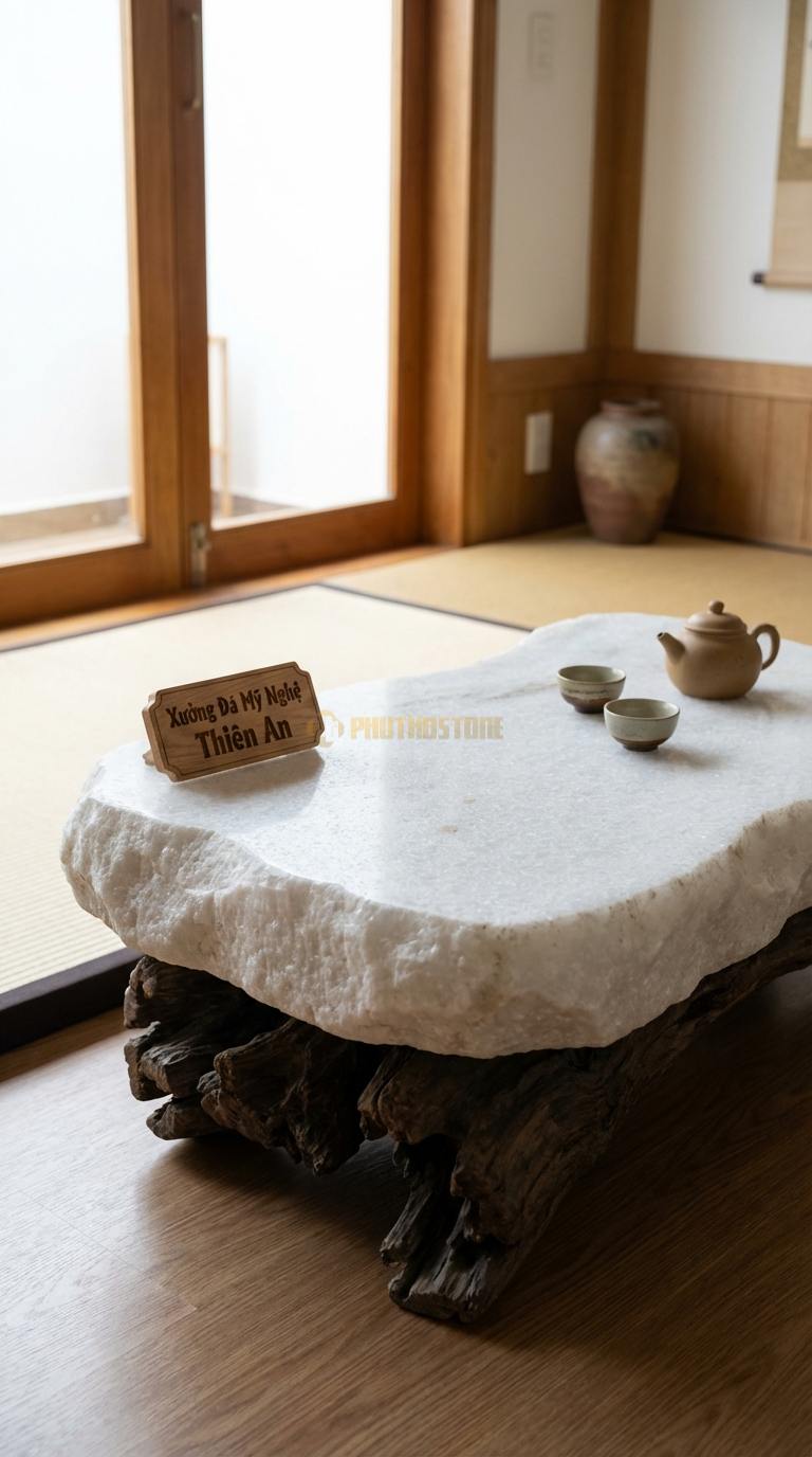 Bàn Trà Đá Nguyên Khối & Gỗ Lũa Đá Trắng Muối Đảo Tĩnh Lặng: Mặt đá hình dáng tự nhiên đặt trên gốc gỗ lũa cổ thụ 120cm x 80cm x 35cm