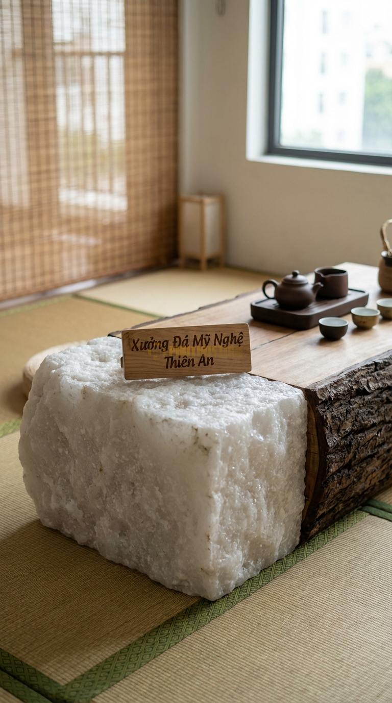 Bàn Trà Đá Nguyên Khối & Gỗ Lũa Đá Trắng Muối Giao Thoa: Một nửa mặt bàn là đá thô, một nửa là gỗ giữ vỏ cây 120cm x 65cm x 33cm