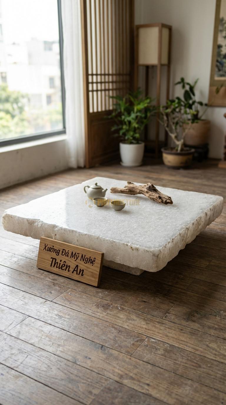 Bàn Trà Đá Nguyên Khối & Gỗ Lũa Đá Trắng Muối Hóa Thạch: Mặt gỗ bìa tự nhiên khảm các mảnh đá thô không mài cạnh 100cm x 100cm x 30cm