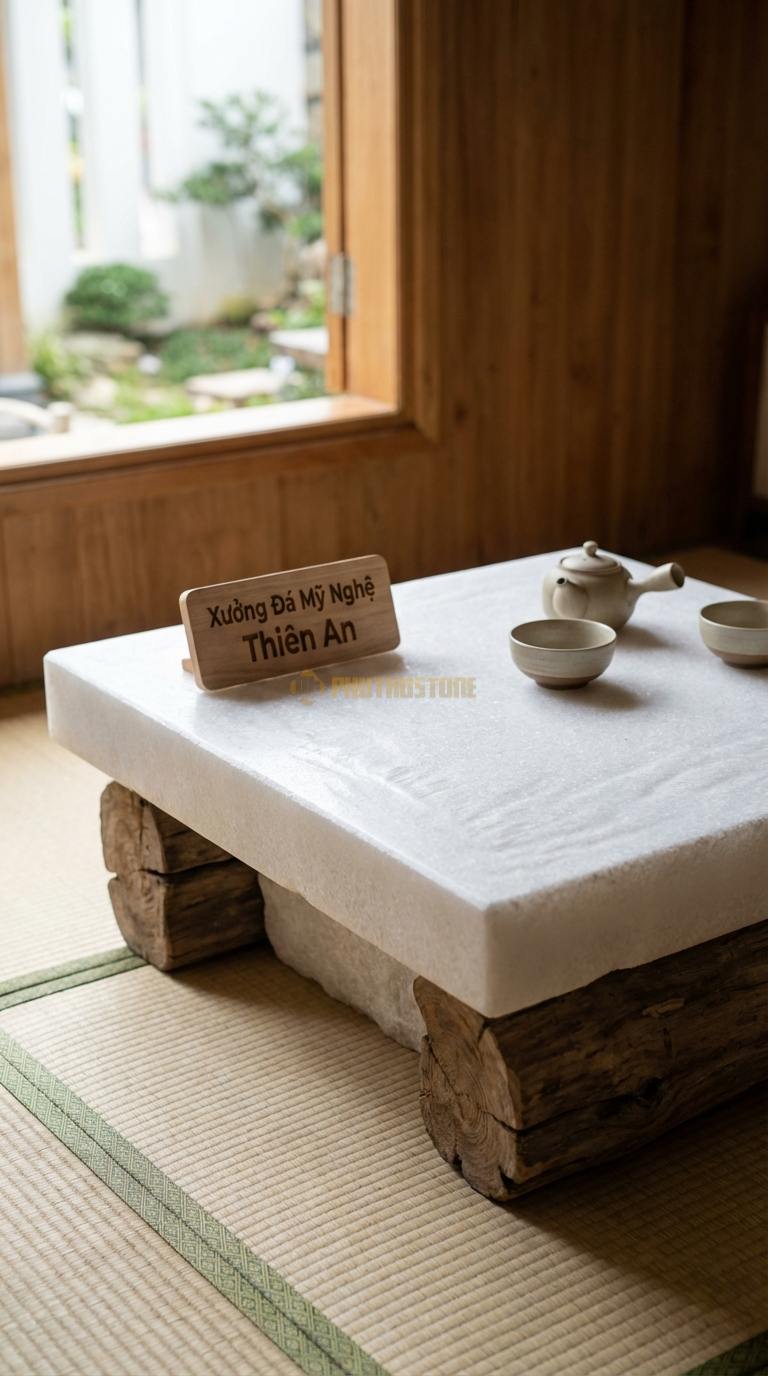 Bàn Trà Đá Nguyên Khối & Gỗ Lũa Đá Trắng Muối Tĩnh Tại: Mặt đá mài nhám mờ, chân là các khối gỗ tròn thô kệch 80cm x 80cm x 35cm