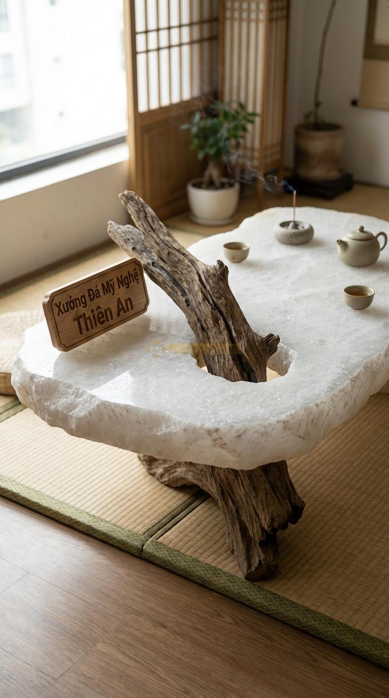 Bàn Trà Đá Nguyên Khối & Gỗ Lũa Đá Trắng Muối Vết Thời Gian: Gỗ lũa xuyên qua khối đá đục lỗ giữa tâm 130cm x 75cm x 40cm