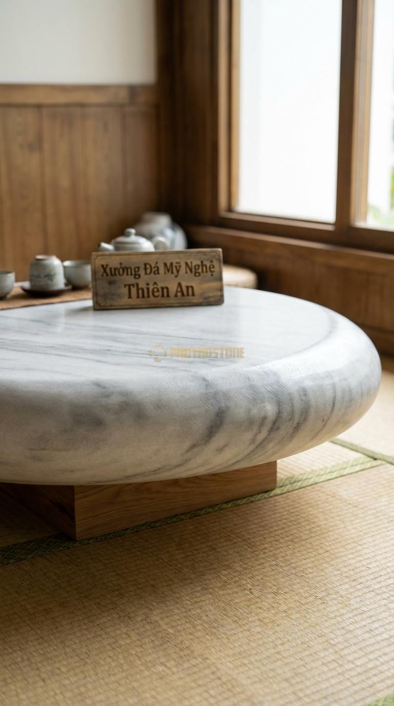 Bàn Trà Đá Nguyên Khối & Gỗ Lũa Đá Trắng Yên Bái Đá Cuội Trắng: Tạo hình bàn như viên đá cuội lớn với đế gỗ chìm Đường kính 90cm x 30cm