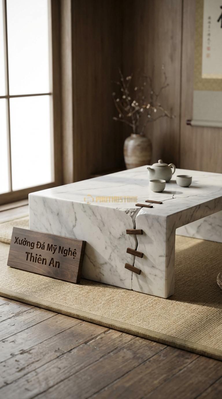 Bàn Trà Đá Nguyên Khối & Gỗ Lũa Đá Trắng Yên Bái Sự Bất Toàn: Khối đá nứt tự nhiên được hàn gắn bằng chốt gỗ thủ công 90cm x 60cm x 38cm