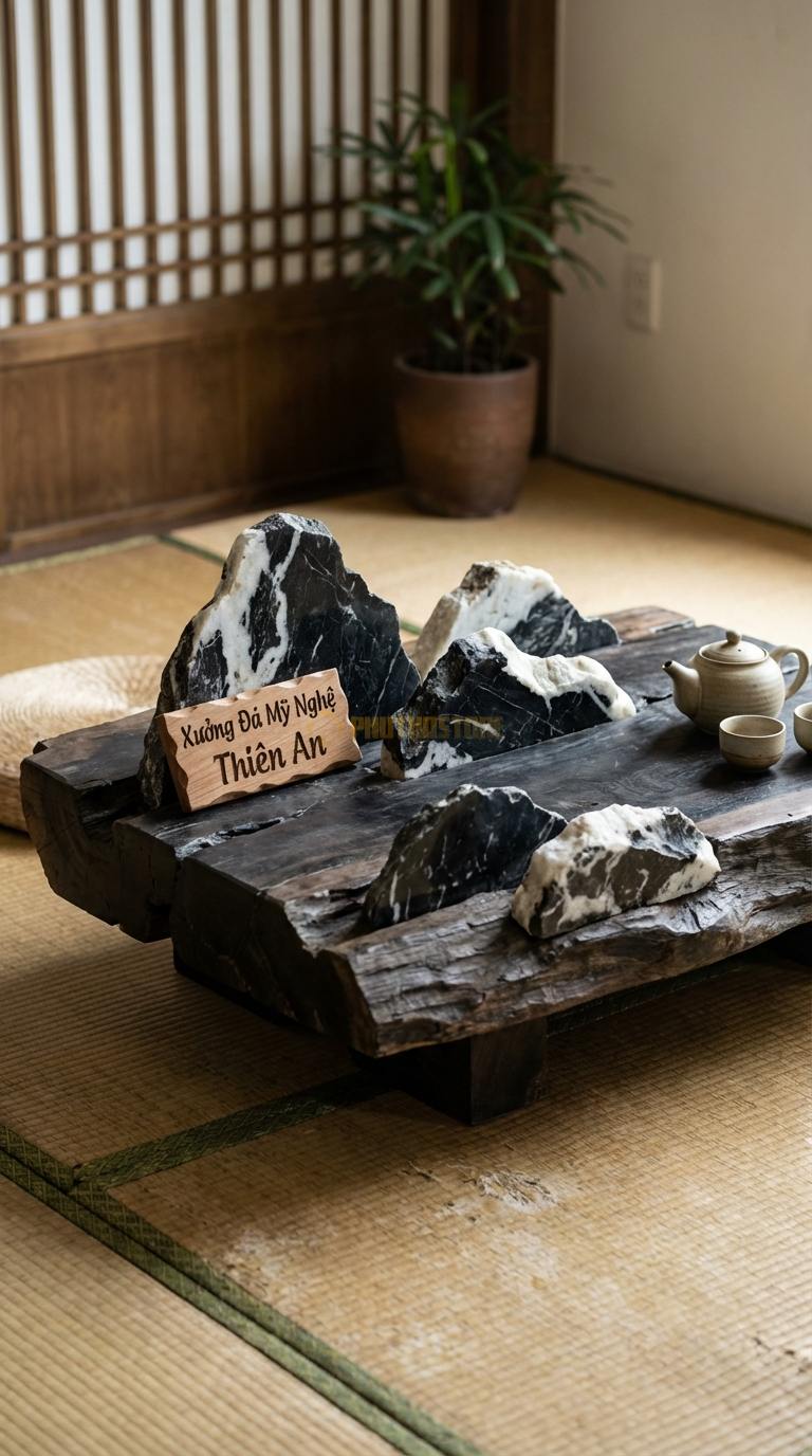 Bàn Trà Đá Nguyên Khối & Gỗ Lũa Đá Tuyết Sơn Hóa Thạch: Mặt gỗ bìa tự nhiên khảm các mảnh đá thô không mài cạnh 100cm x 100cm x 30cm