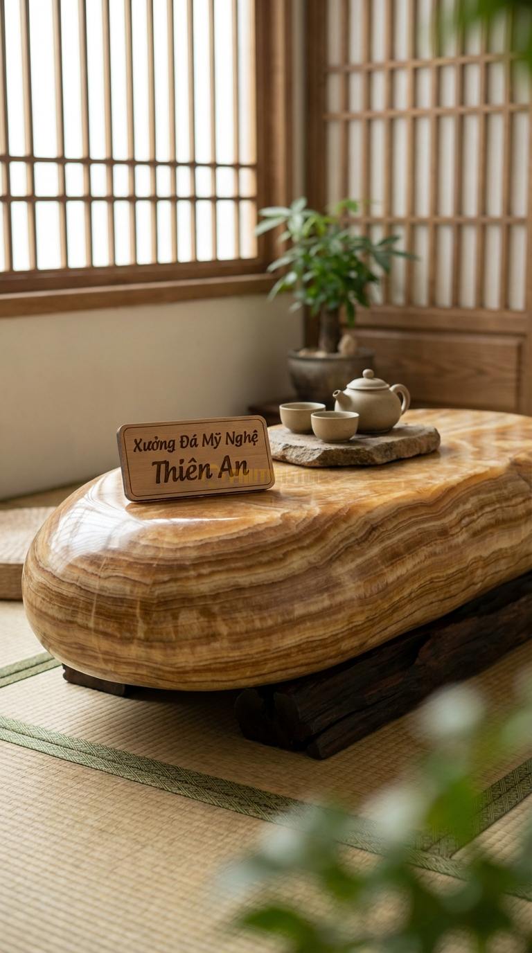 Bàn Trà Đá Nguyên Khối & Gỗ Lũa Đá Vân Gỗ Đá Cuội Trắng: Tạo hình bàn như viên đá cuội lớn với đế gỗ chìm Đường kính 90cm x 30cm