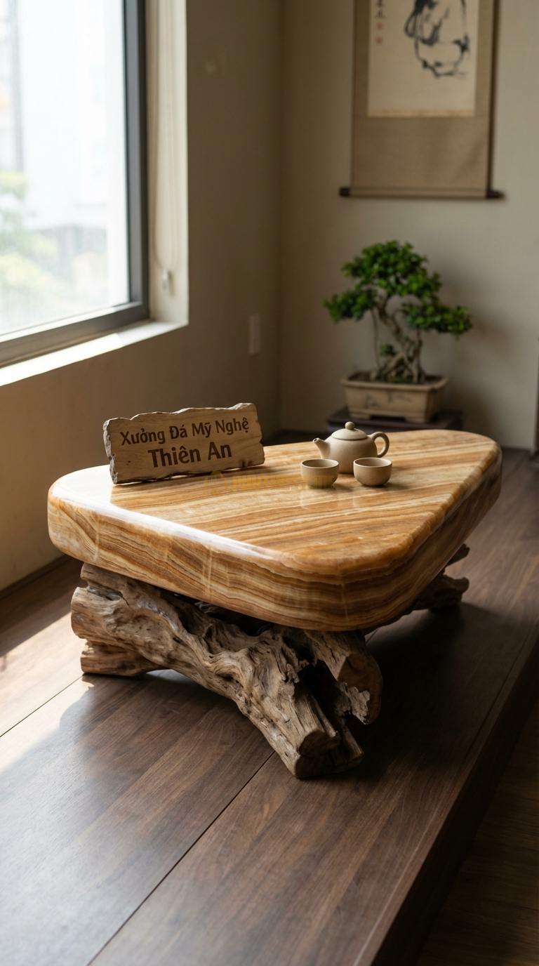 Bàn Trà Đá Nguyên Khối & Gỗ Lũa Đá Vân Gỗ Độc Bản: Đá tự nhiên hình tam giác bo tròn bám vào thân gỗ tự nhiên 105cm x 85cm x 36cm