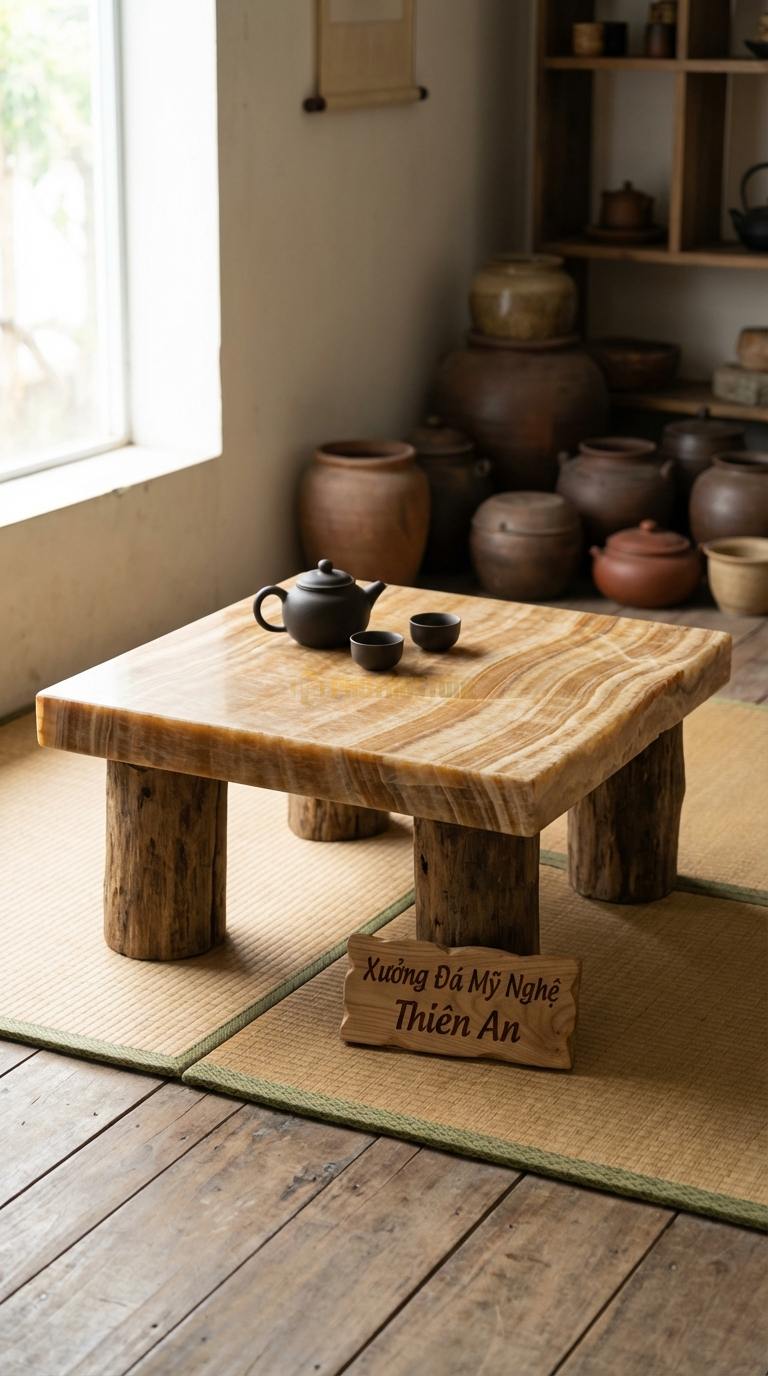 Bàn Trà Đá Nguyên Khối & Gỗ Lũa Đá Vân Gỗ Tĩnh Tại: Mặt đá mài nhám mờ, chân là các khối gỗ tròn thô kệch 80cm x 80cm x 35cm
