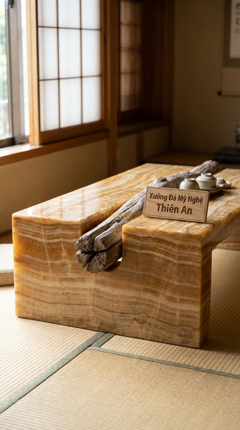 Bàn Trà Đá Nguyên Khối & Gỗ Lũa Đá Vân Gỗ Vết Thời Gian: Gỗ lũa xuyên qua khối đá đục lỗ giữa tâm 130cm x 75cm x 40cm