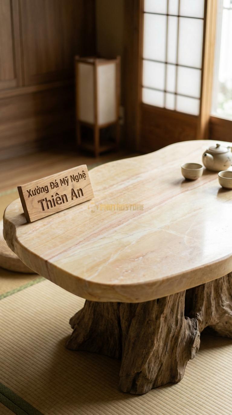 Bàn Trà Đá Nguyên Khối & Gỗ Lũa Đá Vàng Nghệ An Đảo Tĩnh Lặng: Mặt đá hình dáng tự nhiên đặt trên gốc gỗ lũa cổ thụ 120cm x 80cm x 35cm