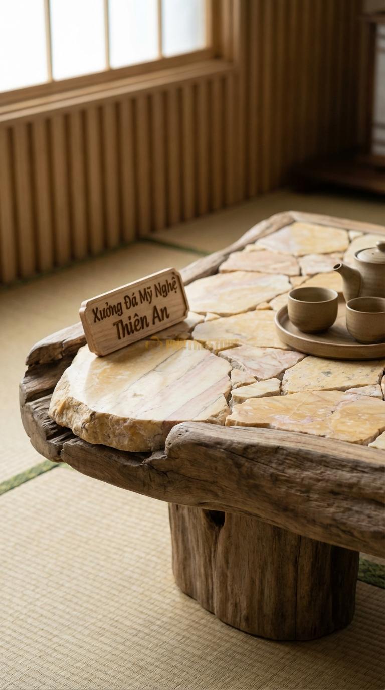 Bàn Trà Đá Nguyên Khối & Gỗ Lũa Đá Vàng Nghệ An Hóa Thạch: Mặt gỗ bìa tự nhiên khảm các mảnh đá thô không mài cạnh 100cm x 100cm x 30cm