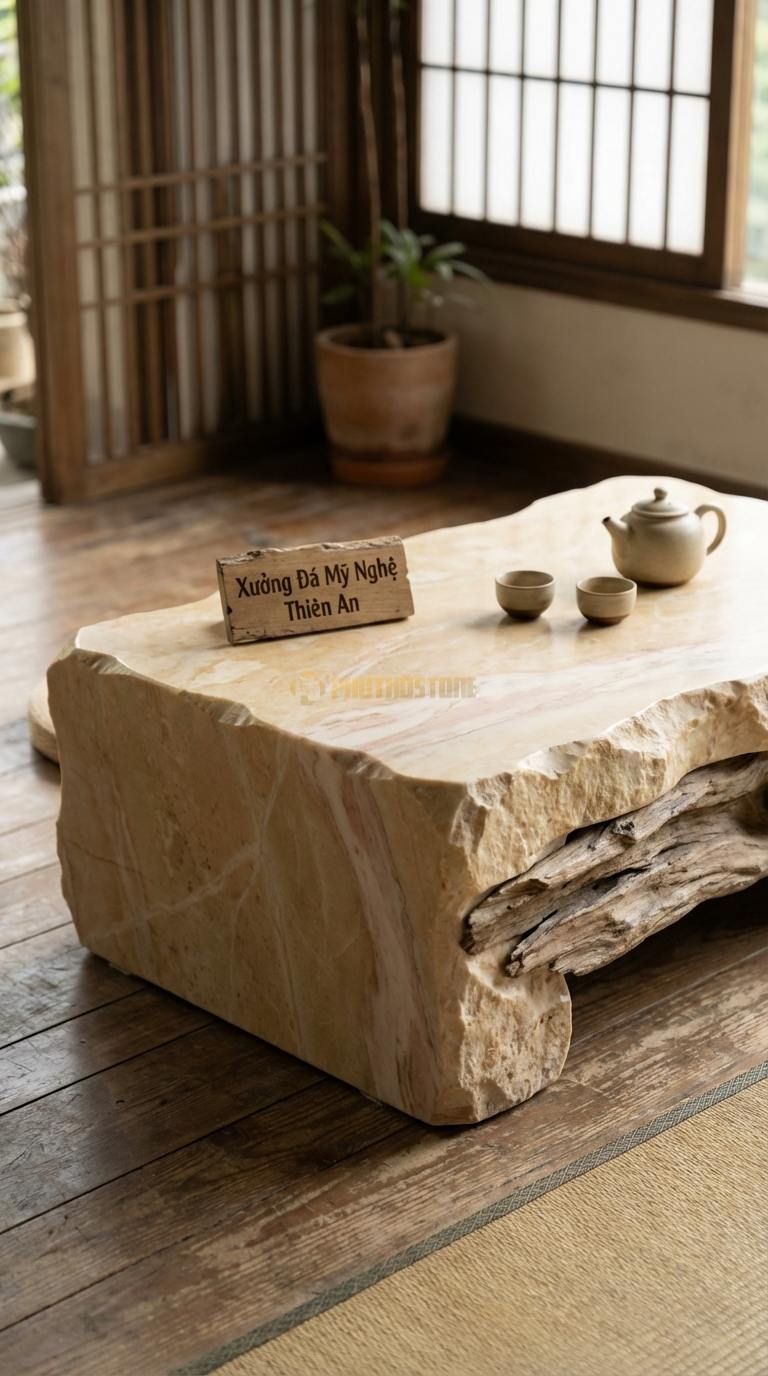Bàn Trà Đá Nguyên Khối & Gỗ Lũa Đá Vàng Nghệ An Suối Nguồn: Khối đá có rãnh tự nhiên kết hợp gỗ lồng ghép kiểu âm dương 110cm x 70cm x 32cm