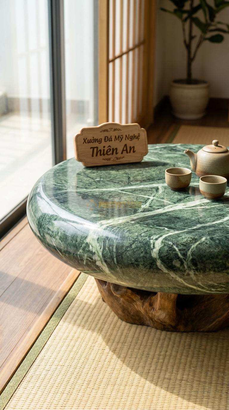 Bàn Trà Đá Nguyên Khối & Gỗ Lũa Đá Xanh Ấn Đá Cuội Trắng: Tạo hình bàn như viên đá cuội lớn với đế gỗ chìm Đường kính 90cm x 30cm