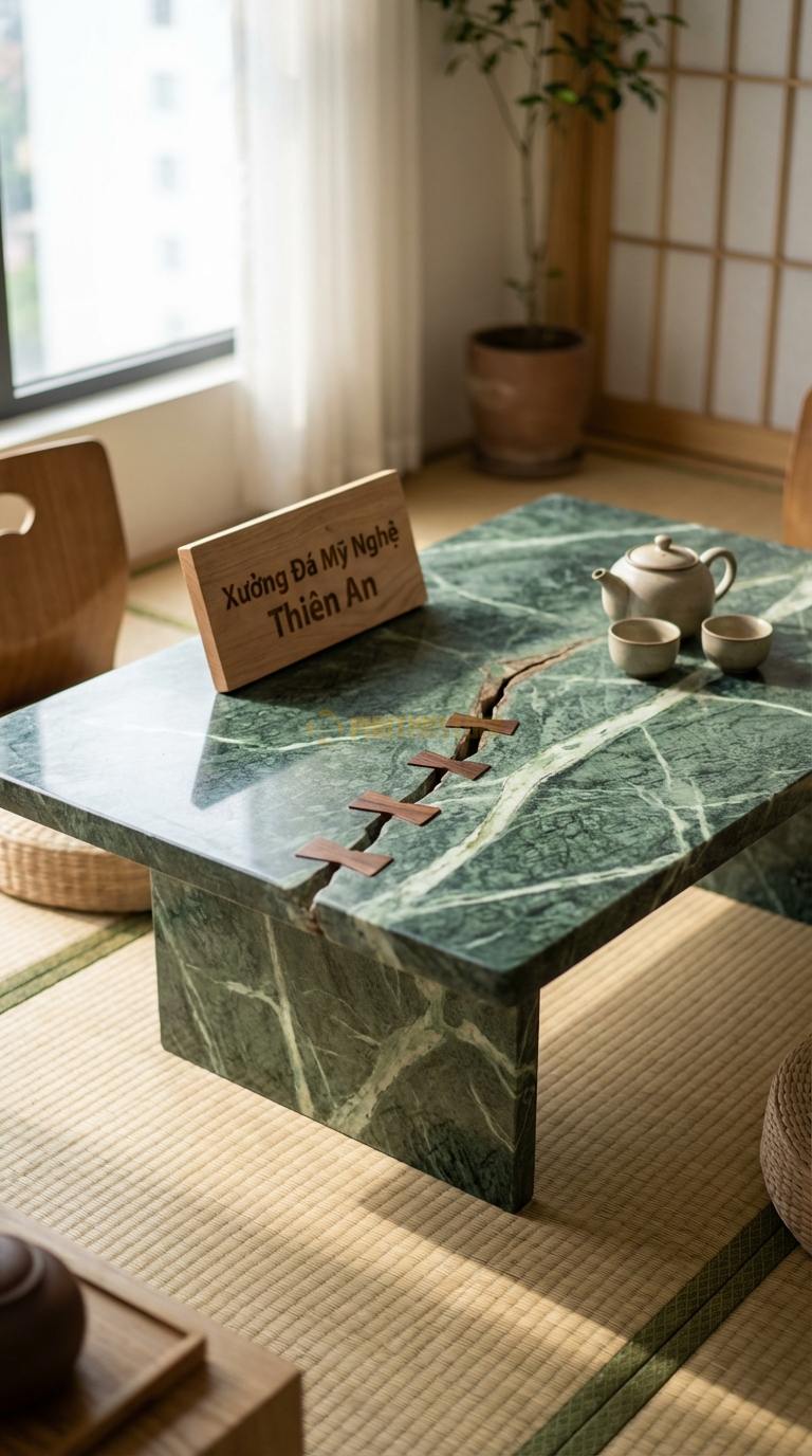 Bàn Trà Đá Nguyên Khối & Gỗ Lũa Đá Xanh Ấn Sự Bất Toàn: Khối đá nứt tự nhiên được hàn gắn bằng chốt gỗ thủ công 90cm x 60cm x 38cm