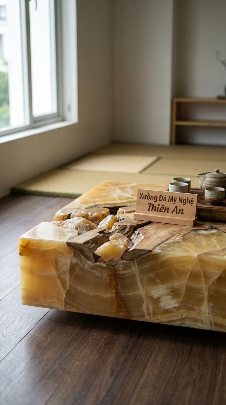 Bàn Trà Đá Nguyên Khối & Gỗ Lũa Ngọc hoàng long Hóa Thạch: Mặt gỗ bìa tự nhiên khảm các mảnh đá thô không mài cạnh 100cm x 100cm x 30cm