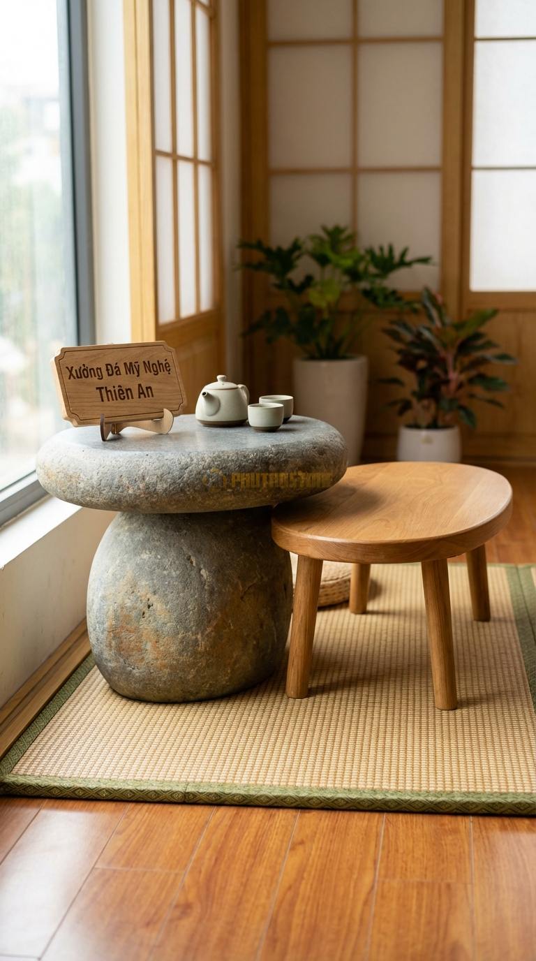 Bàn Trà Đa Tầng (Lồng ghép Đá & Gỗ) Đá Cuội Cặp Đôi Hoàn Hảo: 1 bàn đá cao tròn + 1 bàn gỗ thấp oval Đá: 60x45cm, Gỗ: 80x30cm