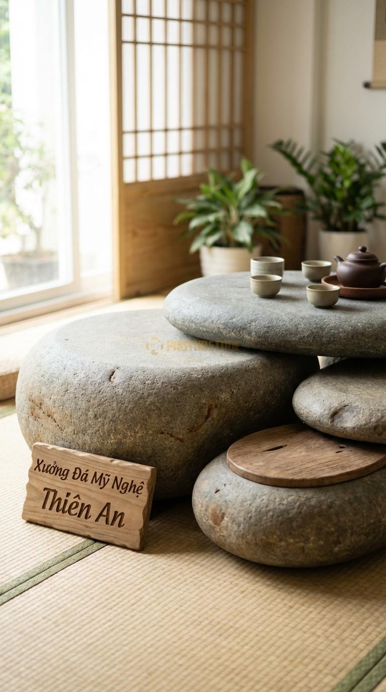Bàn Trà Đa Tầng (Lồng ghép Đá & Gỗ) Đá Cuội Đồi Núi: 3 bàn tròn kích thước khác nhau mô phỏng địa hình Đường kính 40cm, 60cm, 80cm