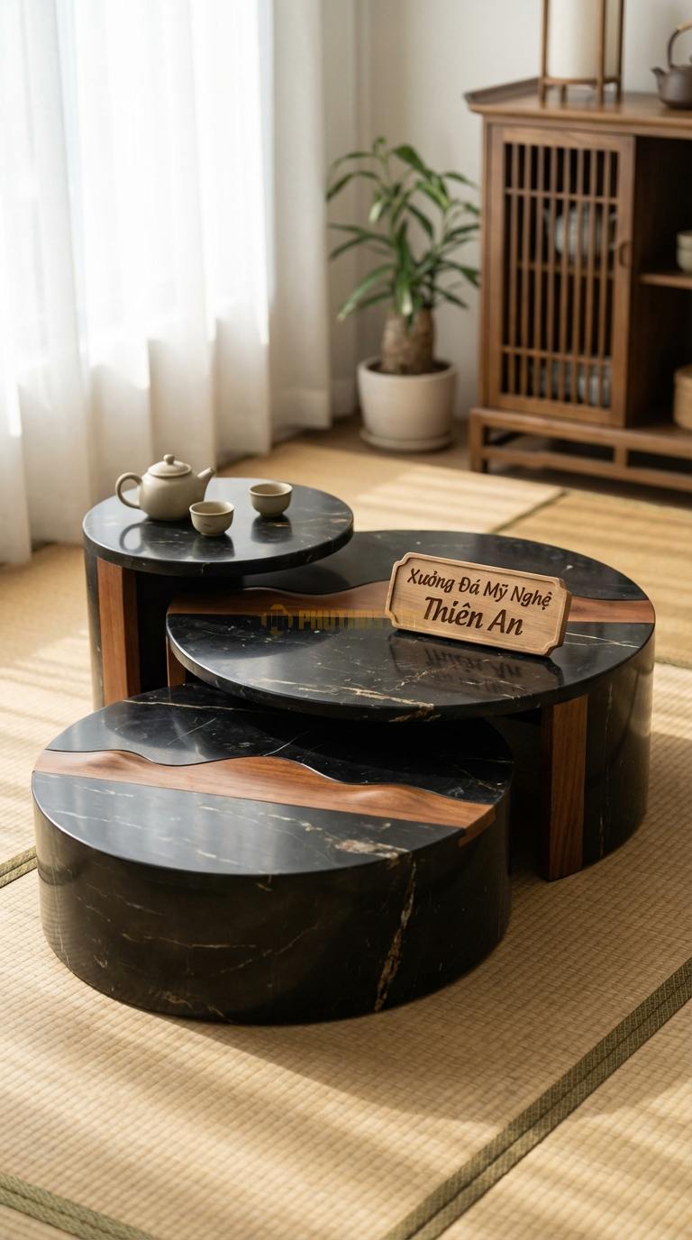 Bàn Trà Đa Tầng (Lồng ghép Đá & Gỗ) Đá Đen Chỉ Nâu Đồi Núi: 3 bàn tròn kích thước khác nhau mô phỏng địa hình Đường kính 40cm, 60cm, 80cm