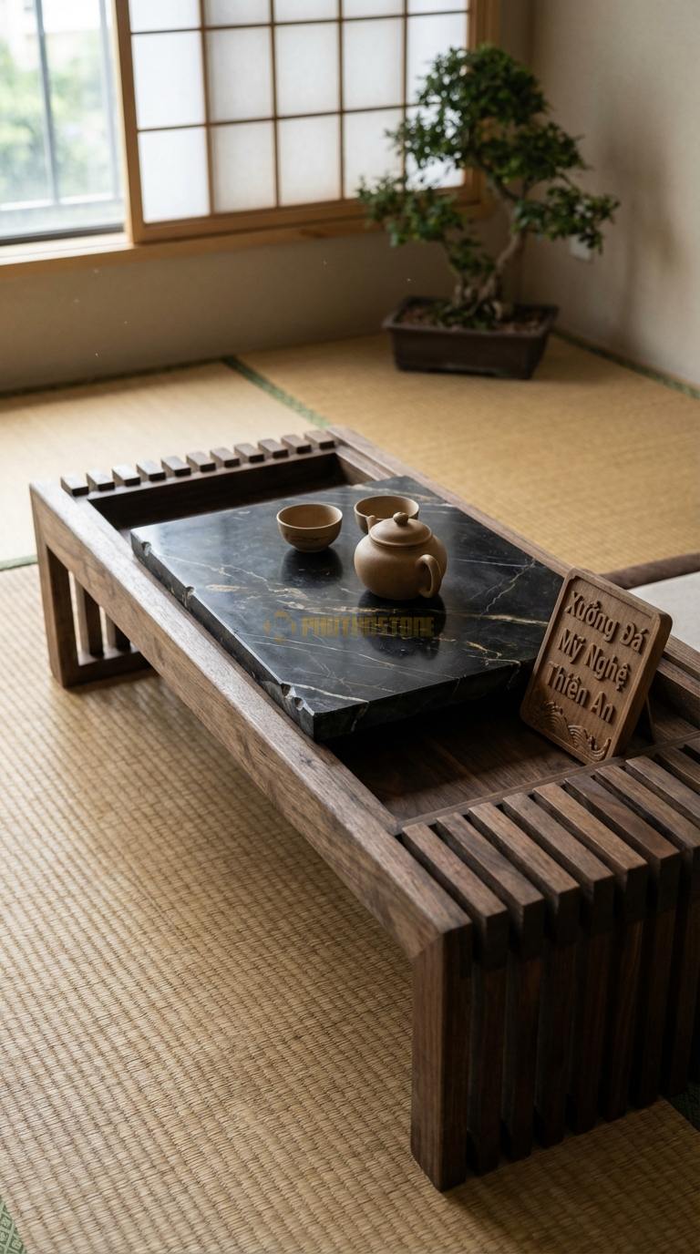 Bàn Trà Đa Tầng (Lồng ghép Đá & Gỗ) Đá Đen Chỉ Nâu Sự Tiếp Nối: Bàn gỗ lớn xẻ rãnh để bàn đá nhỏ trượt vào bên trong Gỗ: 100x35cm, Đá: 50x40cm