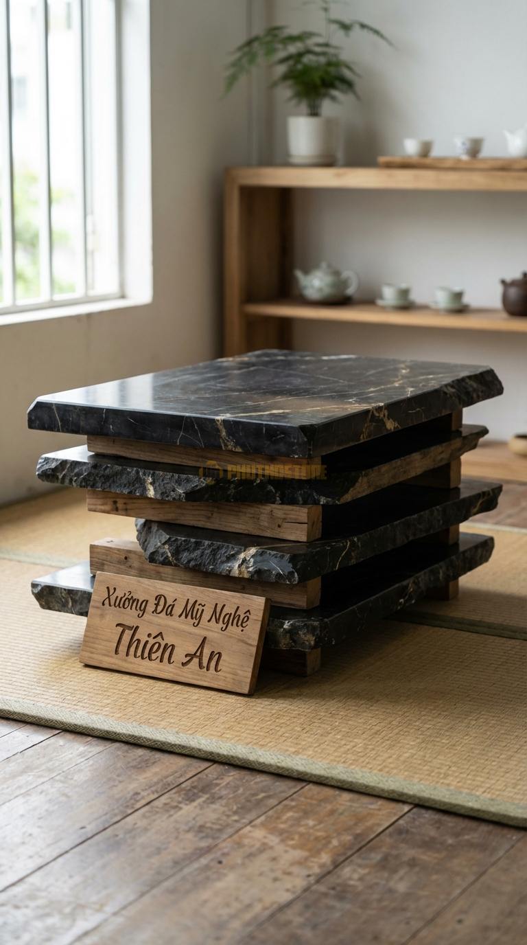 Bàn Trà Đa Tầng (Lồng ghép Đá & Gỗ) Đá Đen Chỉ Nâu Xếp Chồng: Các phiến đá và gỗ phẳng xếp lệch tầng trên trục gỗ 90cm x 60cm x 45cm
