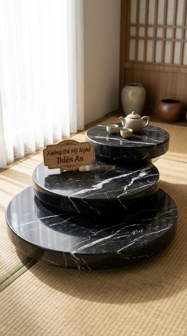 Bàn Trà Đa Tầng (Lồng ghép Đá & Gỗ) Đá Đen Tia Chớp Đồi Núi: 3 bàn tròn kích thước khác nhau mô phỏng địa hình Đường kính 40cm, 60cm, 80cm