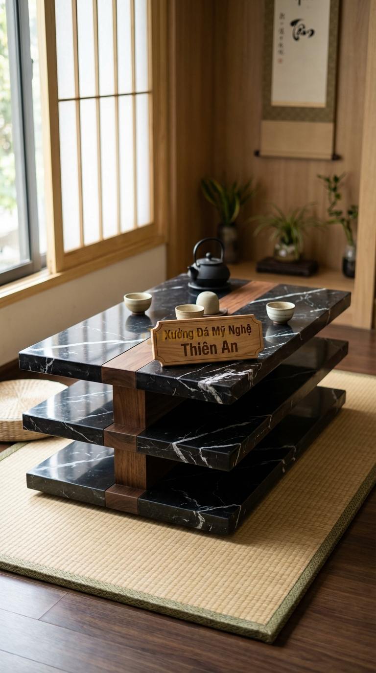 Bàn Trà Đa Tầng (Lồng ghép Đá & Gỗ) Đá Đen Tia Chớp Xếp Chồng: Các phiến đá và gỗ phẳng xếp lệch tầng trên trục gỗ 90cm x 60cm x 45cm