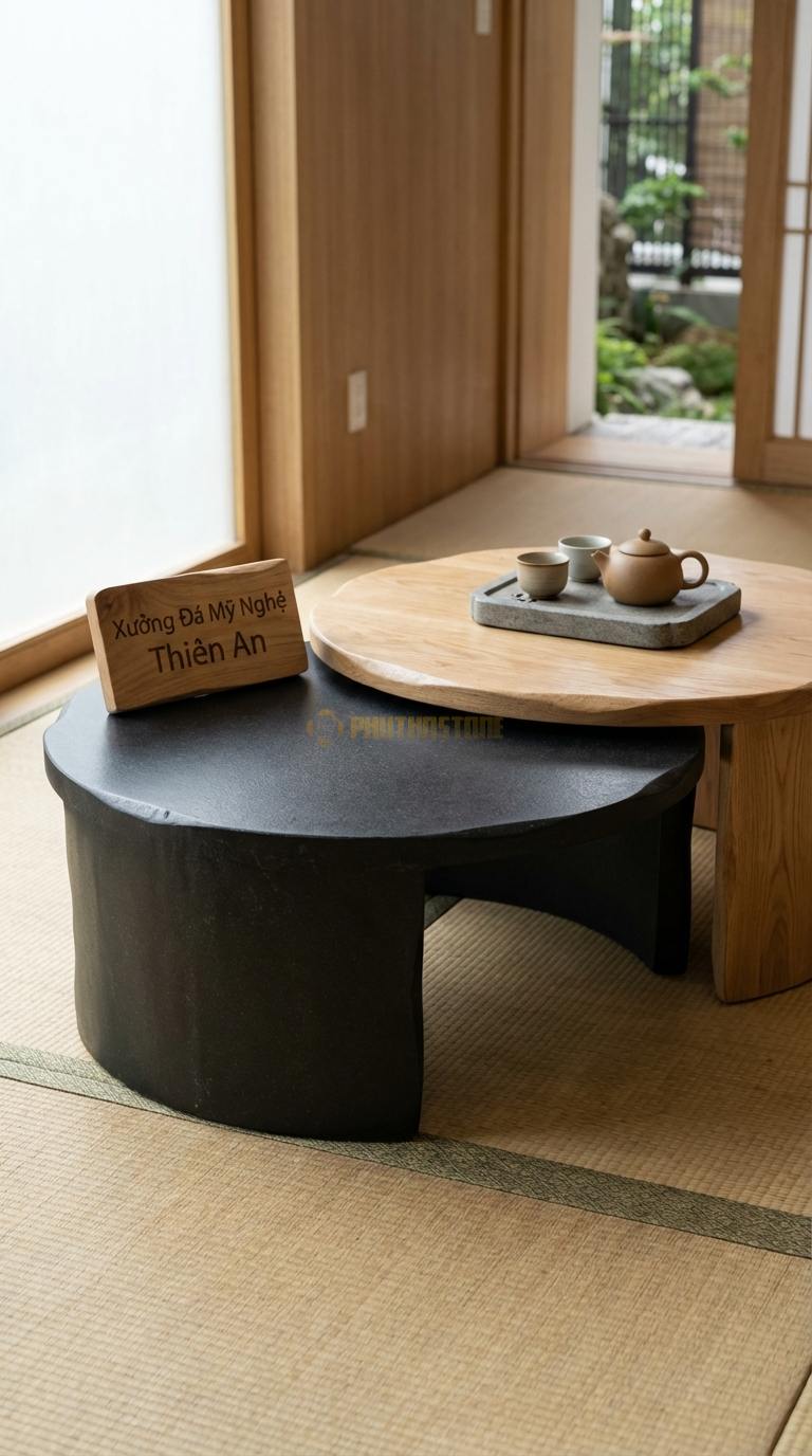 Bàn Trà Đa Tầng (Lồng ghép Đá & Gỗ) Đá Granite Âm Dương: Một bàn đá đen nhám và một bàn gỗ sồi sáng màu Đường kính 70cm x 2 chiếc