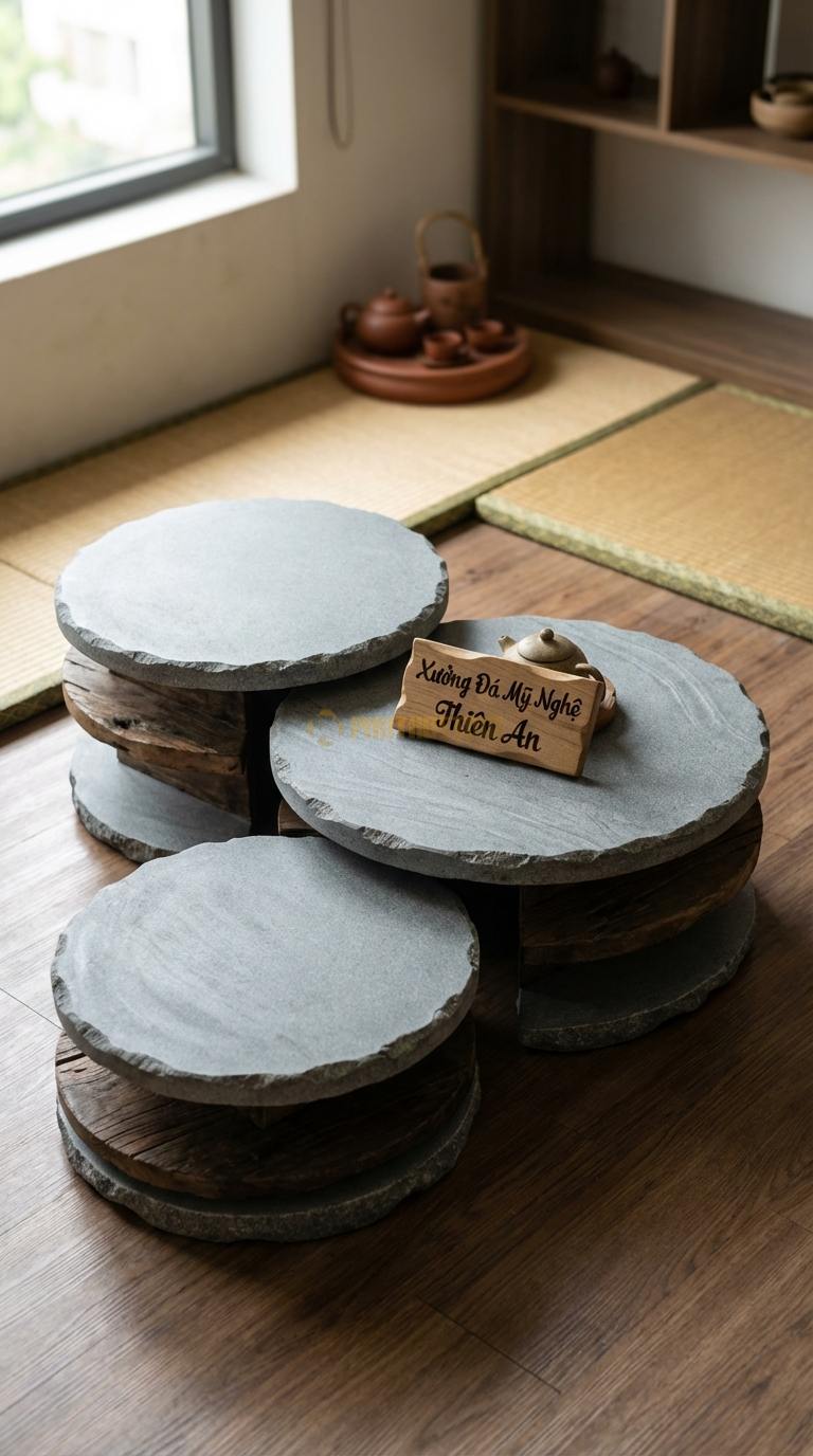 Bàn Trà Đa Tầng (Lồng ghép Đá & Gỗ) Đá Granite Đồi Núi: 3 bàn tròn kích thước khác nhau mô phỏng địa hình Đường kính 40cm, 60cm, 80cm