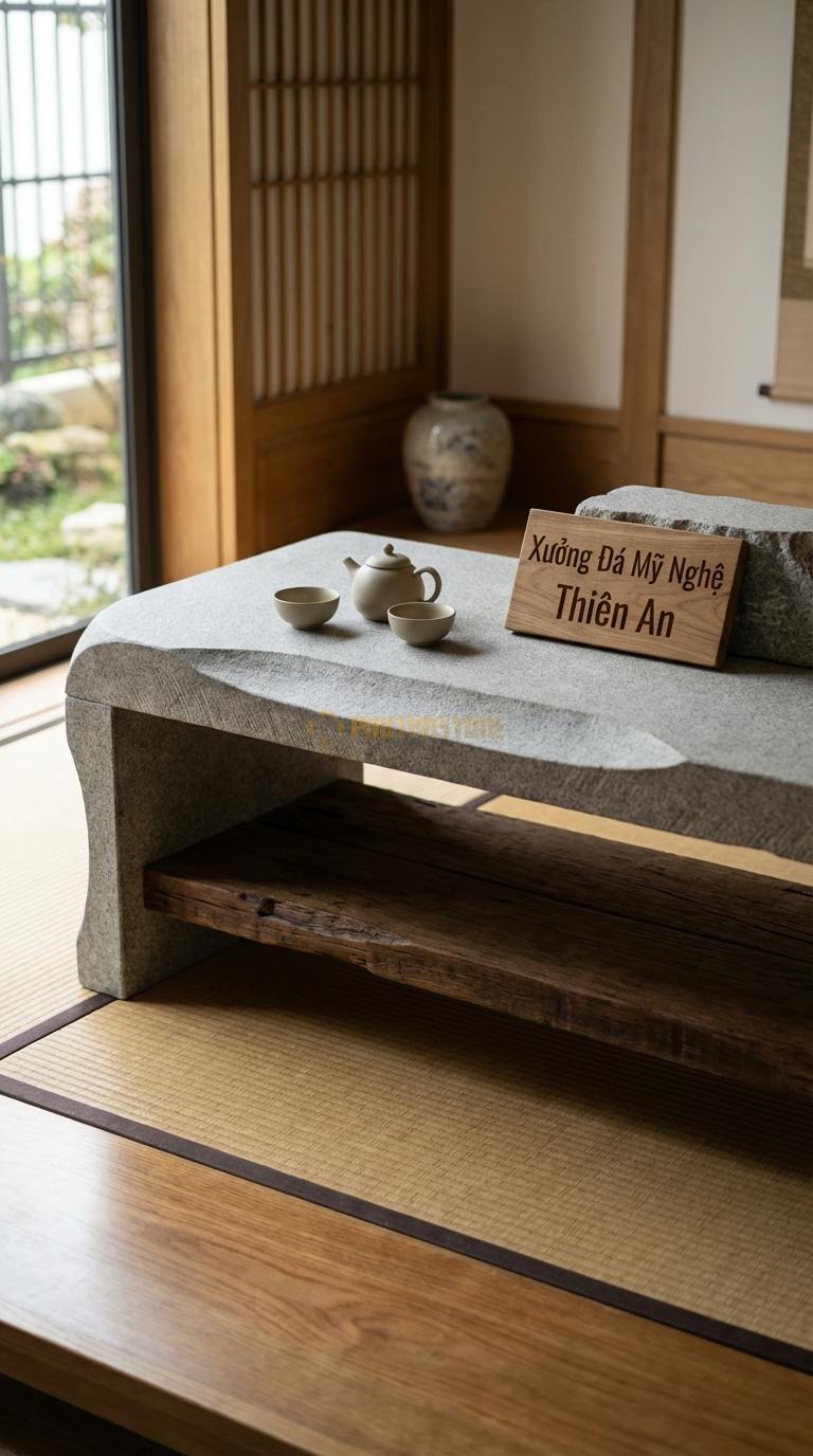 Bàn Trà Đa Tầng (Lồng ghép Đá & Gỗ) Đá Granite Dòng Chảy: Mặt đá uốn lượn nối liền với kệ gỗ thấp phía dưới 140cm x 60cm x 40cm