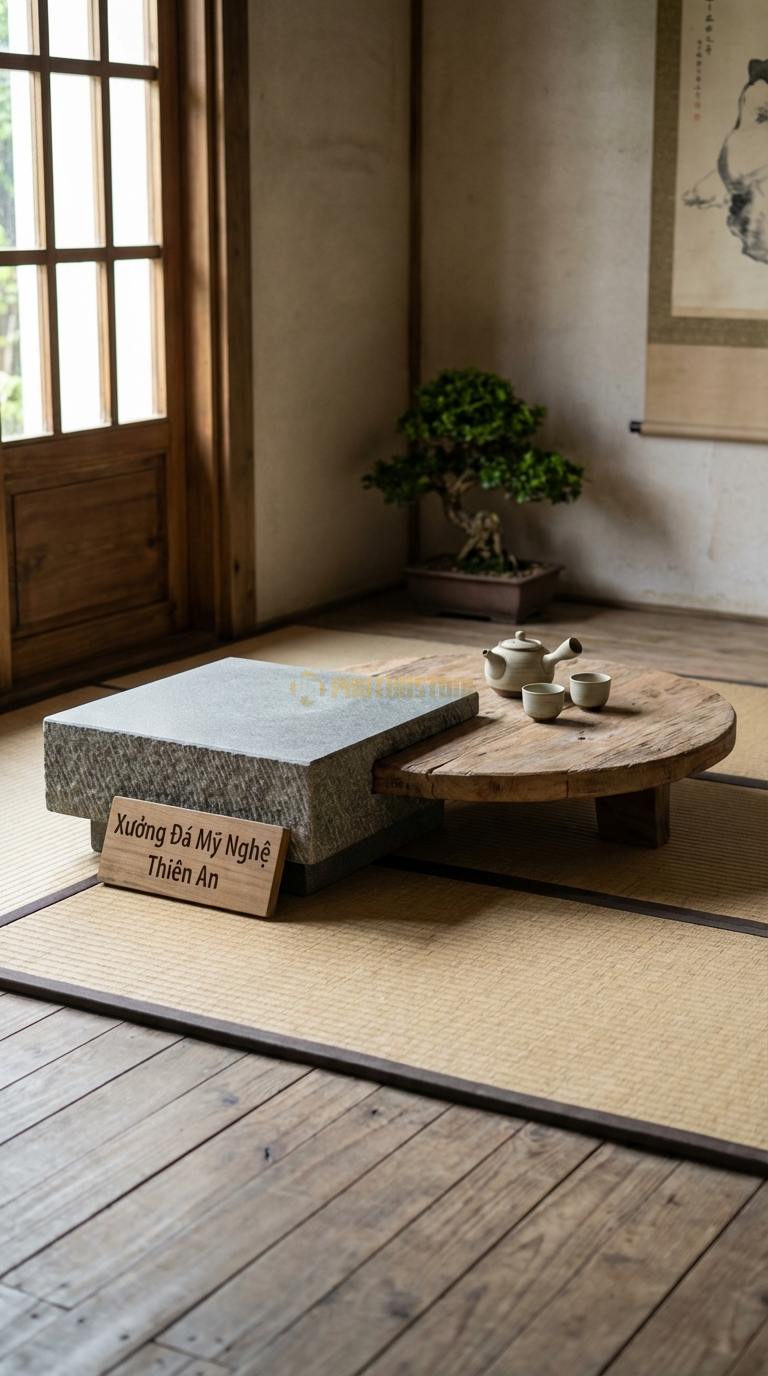 Bàn Trà Đa Tầng (Lồng ghép Đá & Gỗ) Đá Granite Kết Tinh: Bàn đá hình vuông và bàn gỗ hình tròn lồng vào nhau Vuông: 60cm, Tròn: 80cm