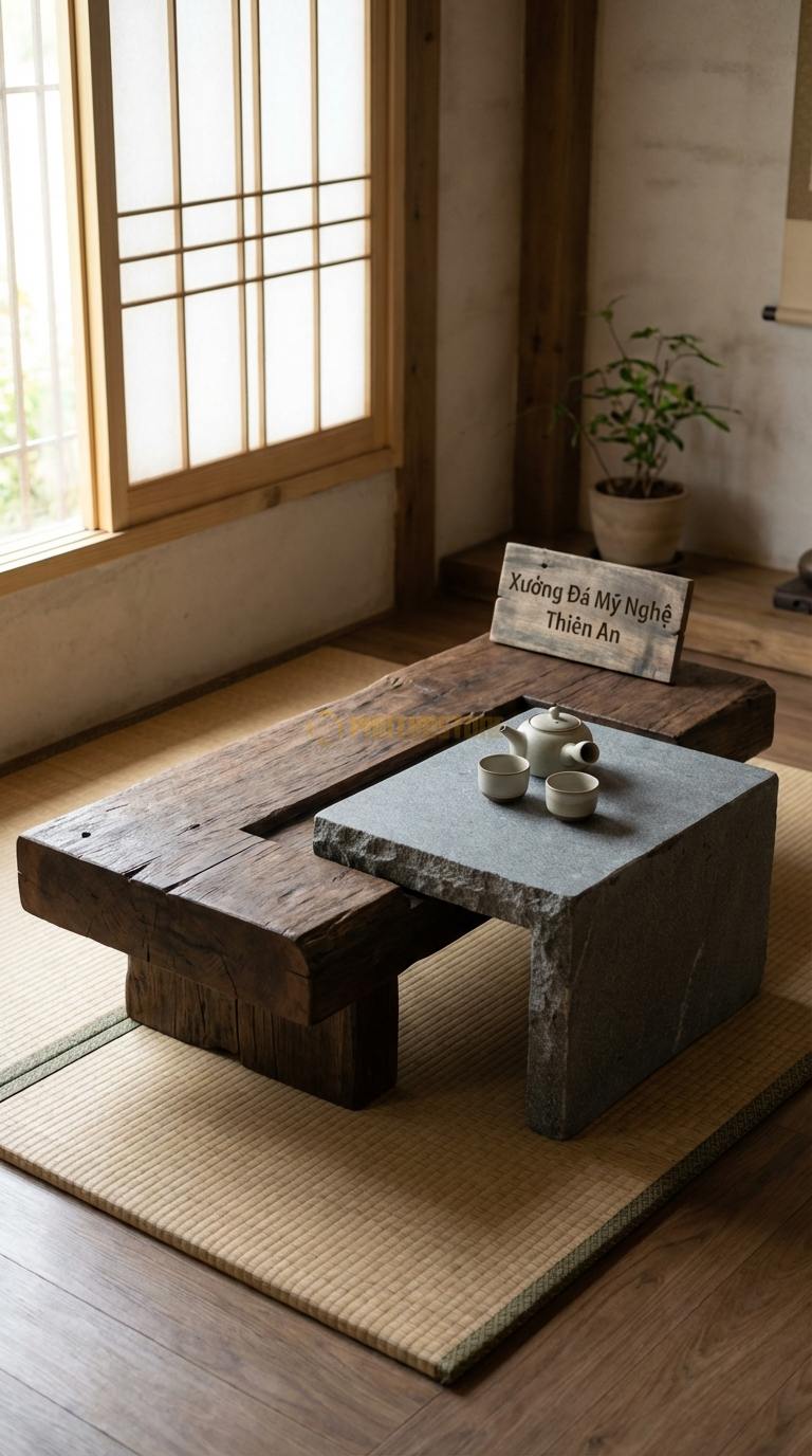 Bàn Trà Đa Tầng (Lồng ghép Đá & Gỗ) Đá Granite Sự Tiếp Nối: Bàn gỗ lớn xẻ rãnh để bàn đá nhỏ trượt vào bên trong Gỗ: 100x35cm, Đá: 50x40cm