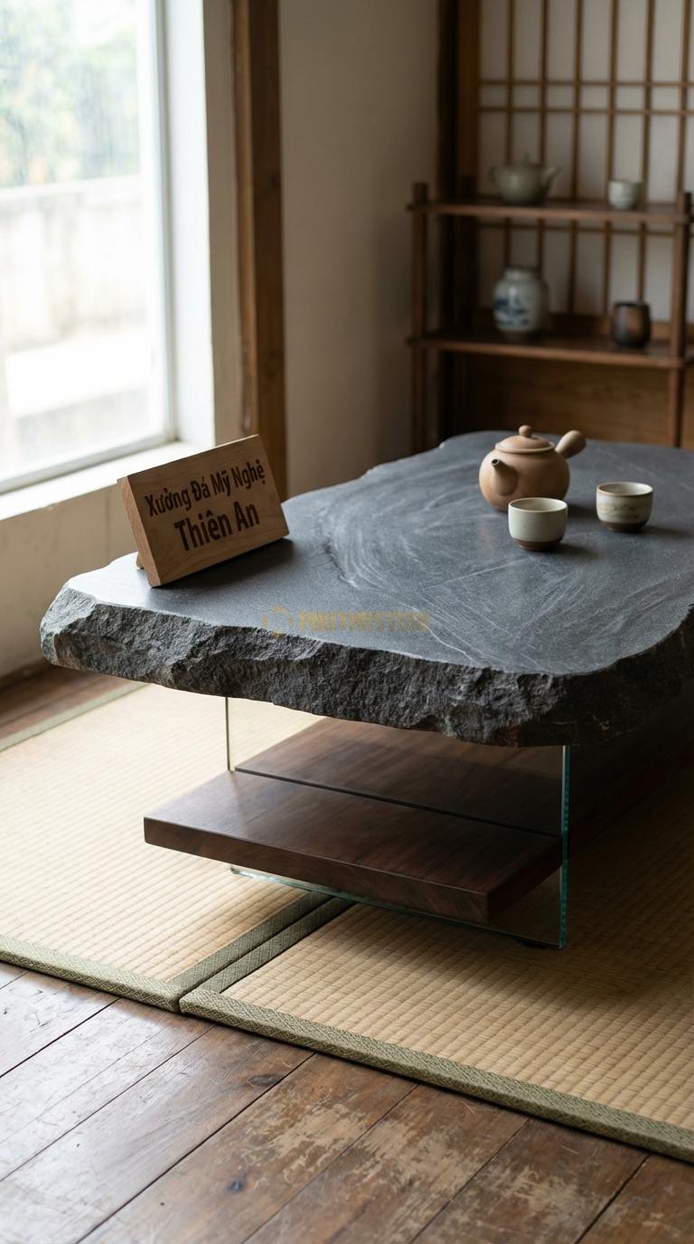 Bàn Trà Đa Tầng (Lồng ghép Đá & Gỗ) Đá Granite Vô Hình: Sự kết hợp giữa đá, gỗ và chân kính cường lực tạo vẻ lơ lửng 110cm x 70cm x 35cm