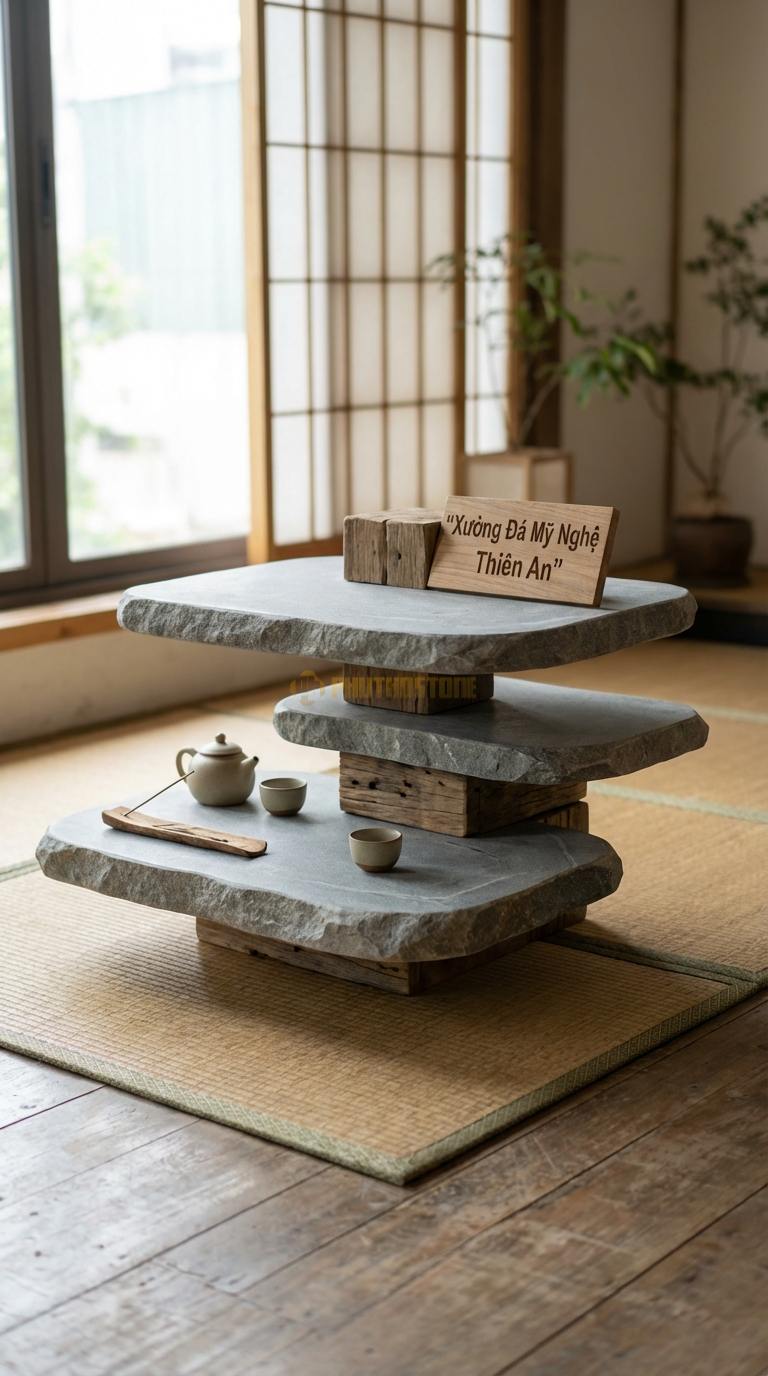 Bàn Trà Đa Tầng (Lồng ghép Đá & Gỗ) Đá Granite Xếp Chồng: Các phiến đá và gỗ phẳng xếp lệch tầng trên trục gỗ 90cm x 60cm x 45cm
