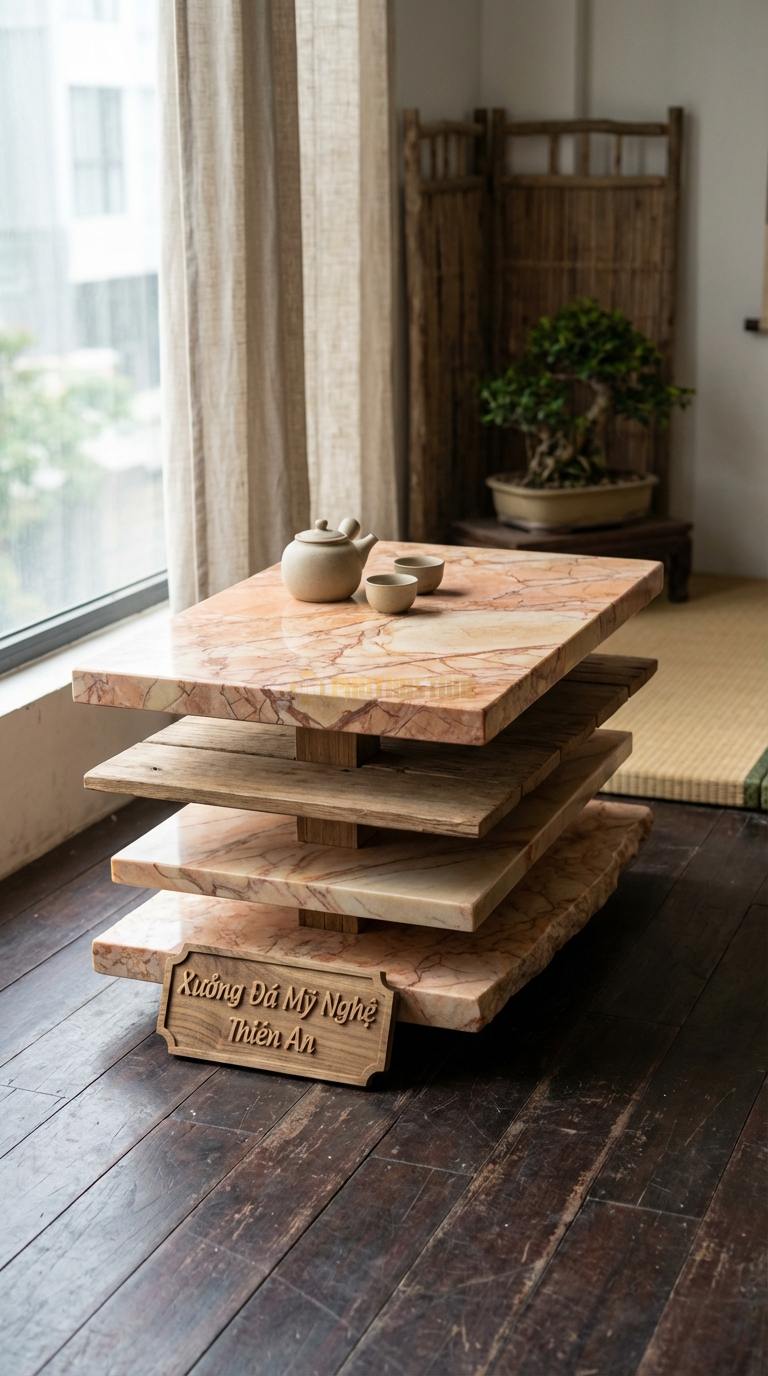Bàn Trà Đa Tầng (Lồng ghép Đá & Gỗ) Đá Hồng Xếp Chồng: Các phiến đá và gỗ phẳng xếp lệch tầng trên trục gỗ 90cm x 60cm x 45cm