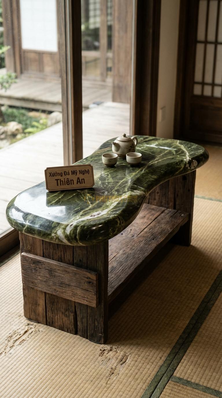 Bàn Trà Đa Tầng (Lồng ghép Đá & Gỗ) Đá Serpentine Dòng Chảy: Mặt đá uốn lượn nối liền với kệ gỗ thấp phía dưới 140cm x 60cm x 40cm