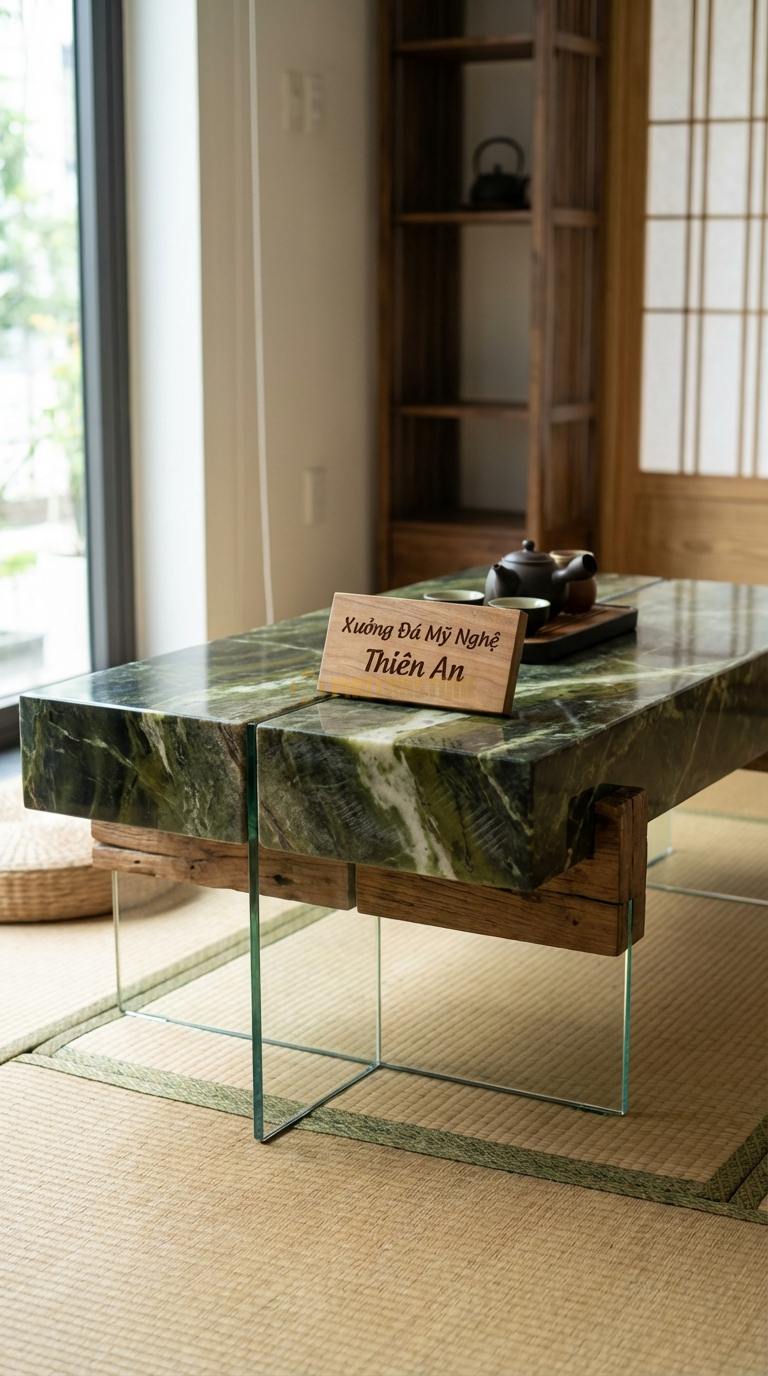 Bàn Trà Đa Tầng (Lồng ghép Đá & Gỗ) Đá Serpentine Vô Hình: Sự kết hợp giữa đá, gỗ và chân kính cường lực tạo vẻ lơ lửng 110cm x 70cm x 35cm