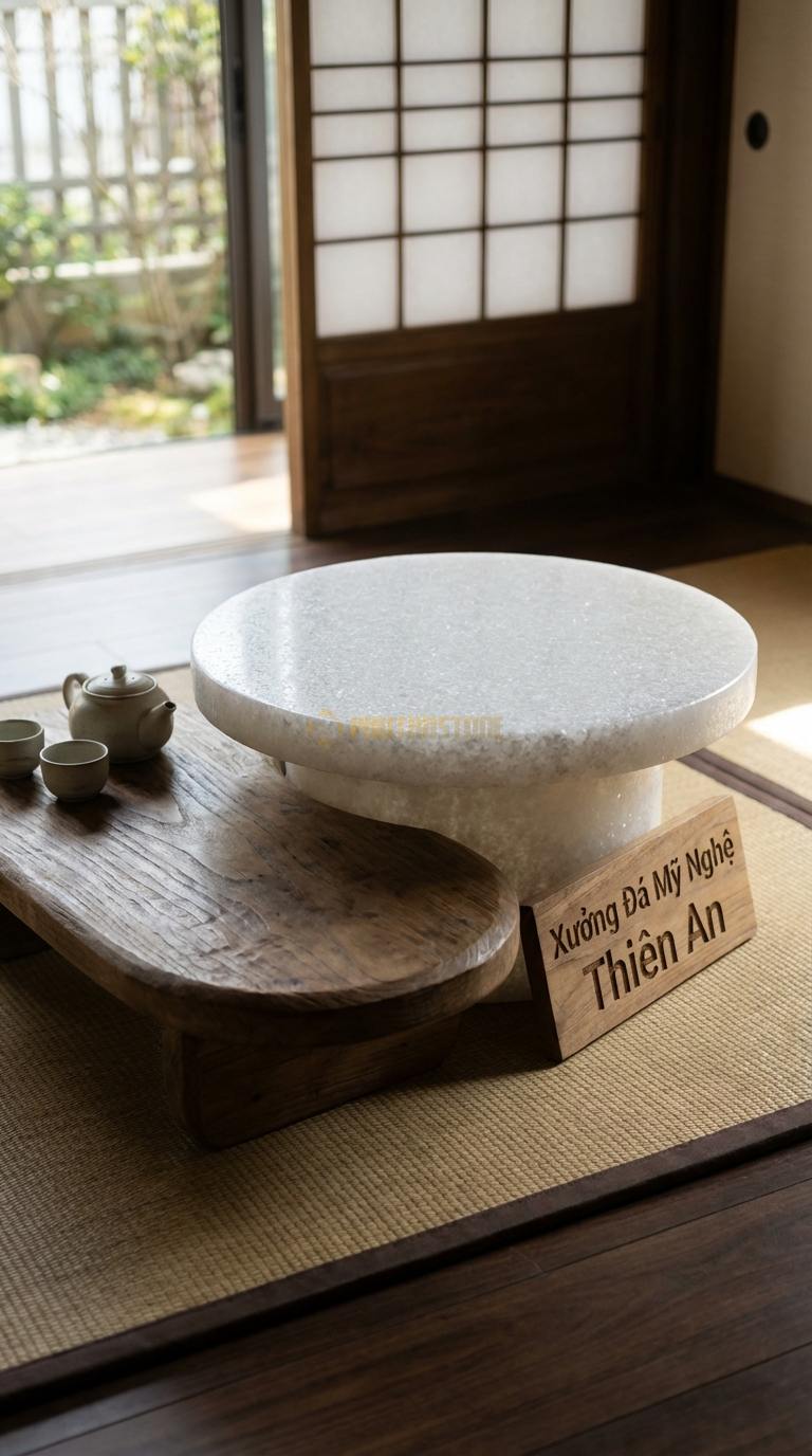 Bàn Trà Đa Tầng (Lồng ghép Đá & Gỗ) Đá Trắng Muối Cặp Đôi Hoàn Hảo: 1 bàn đá cao tròn + 1 bàn gỗ thấp oval Đá: 60x45cm, Gỗ: 80x30cm