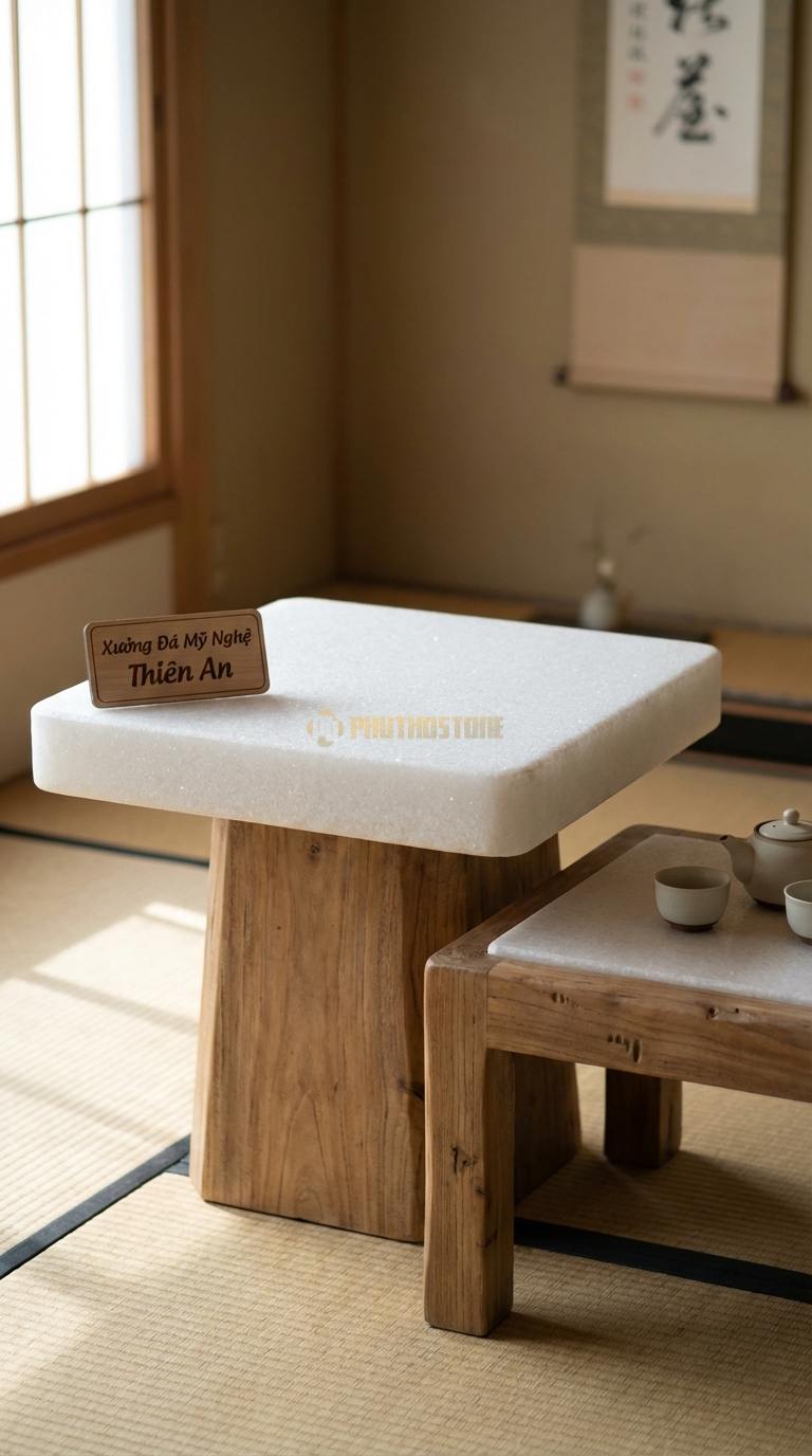 Bàn Trà Đa Tầng (Lồng ghép Đá & Gỗ) Đá Trắng Muối Mộc Miên: Bàn chân gỗ cao mặt đá kết hợp đôn gỗ thấp cạnh bên Cao: 50cm, Thấp: 25cm