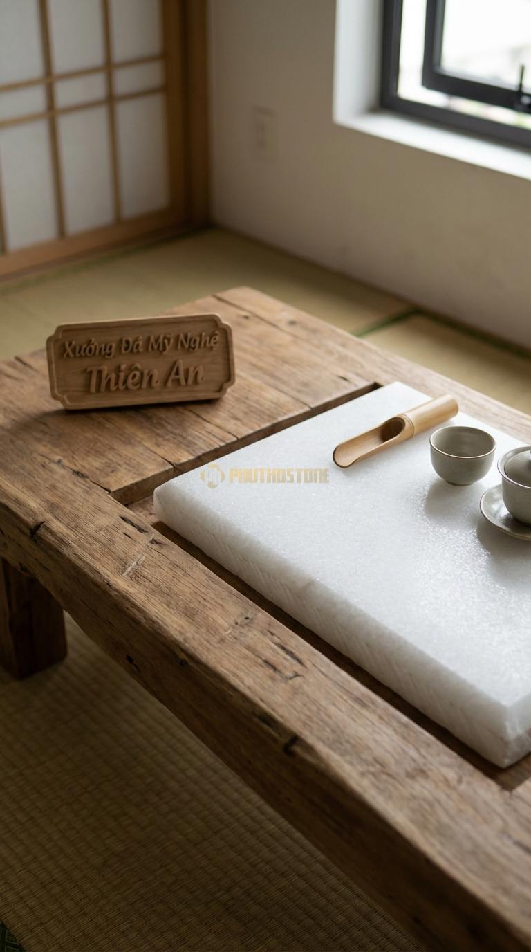 Bàn Trà Đa Tầng (Lồng ghép Đá & Gỗ) Đá Trắng Muối Sự Tiếp Nối: Bàn gỗ lớn xẻ rãnh để bàn đá nhỏ trượt vào bên trong Gỗ: 100x35cm, Đá: 50x40cm