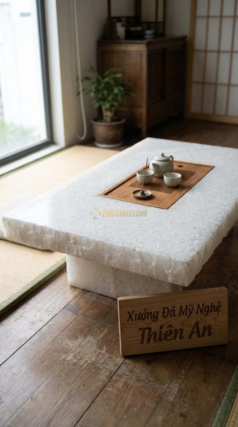 Bàn Trà Đa Tầng (Lồng ghép Đá & Gỗ) Đá Trắng Muối Thạch Thủy: Bàn mặt đá chứa khay trà gỗ âm sàn 120cm x 70cm x 35cm