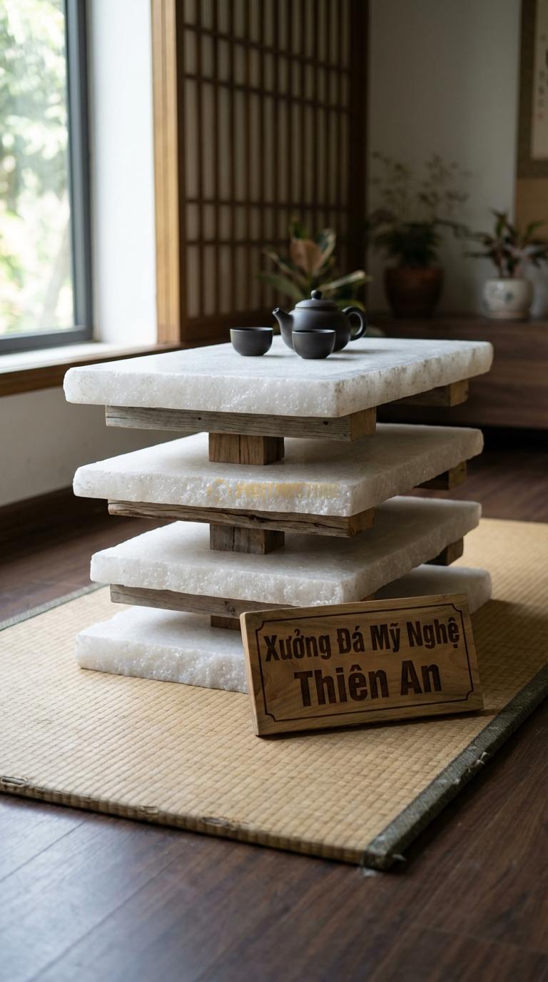 Bàn Trà Đa Tầng (Lồng ghép Đá & Gỗ) Đá Trắng Muối Xếp Chồng: Các phiến đá và gỗ phẳng xếp lệch tầng trên trục gỗ 90cm x 60cm x 45cm